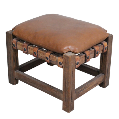 1970s Brazilian : rustic modern leather and carved wood stool