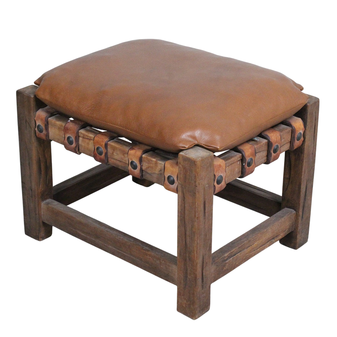 1970s Brazilian : rustic modern leather and carved wood stool