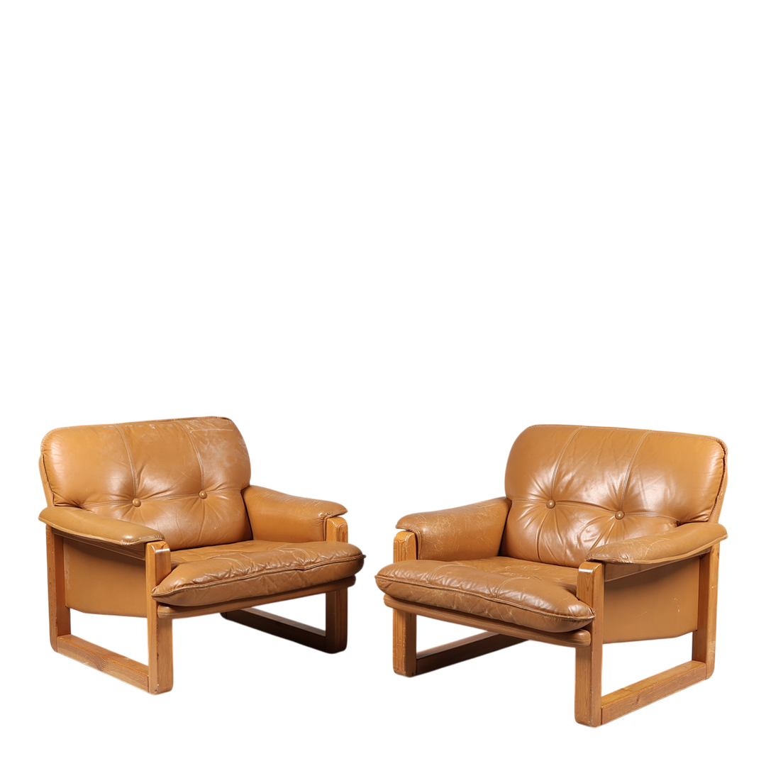 1970s Hannu Jyräs : pair cognac leather "Furuhof" lounge chairs