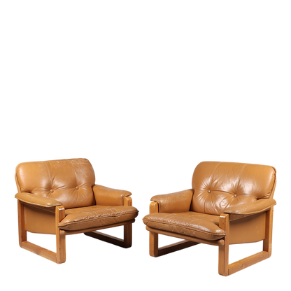 1970s Hannu Jyräs : pair cognac leather "Furuhof" lounge chairs