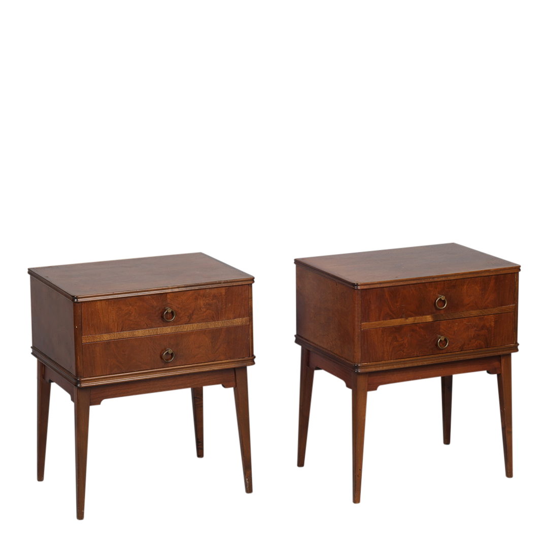 Late 1940s Swedish : pair transitional modern walnut nightstands