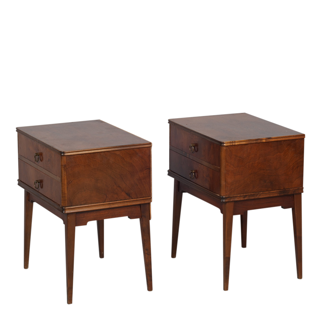 Late 1940s Swedish : pair transitional modern walnut nightstands