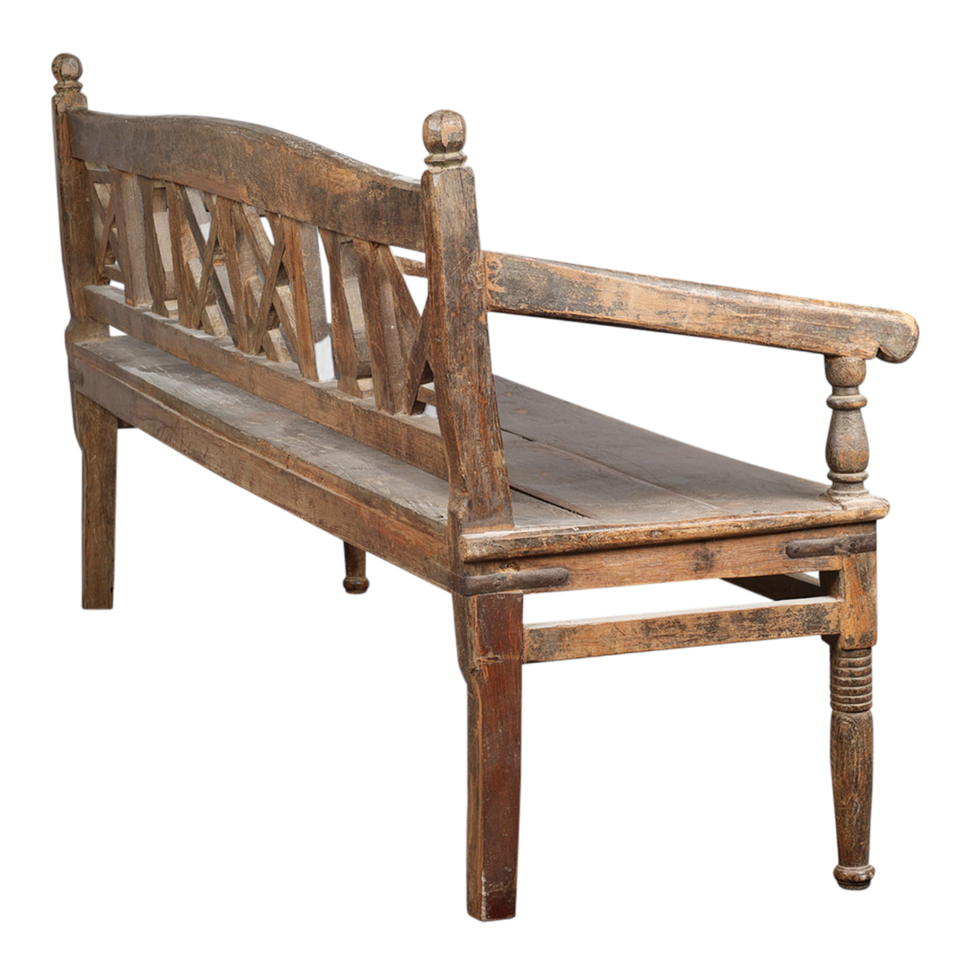 Late 19thc Swedish : 72" elmwood bench w/lattice back