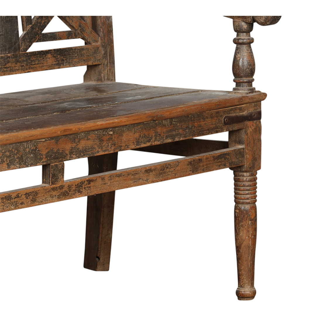 Late 19thc Swedish : 72" elmwood bench w/lattice back