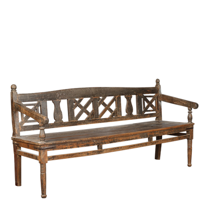 Late 19thc Swedish : 72" elmwood bench w/lattice back