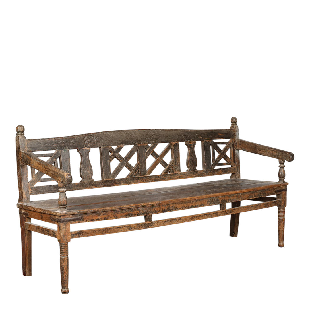Late 19thc Swedish : 72" elmwood bench w/lattice back
