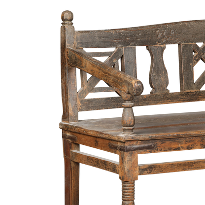 Late 19thc Swedish : 72" elmwood bench w/lattice back