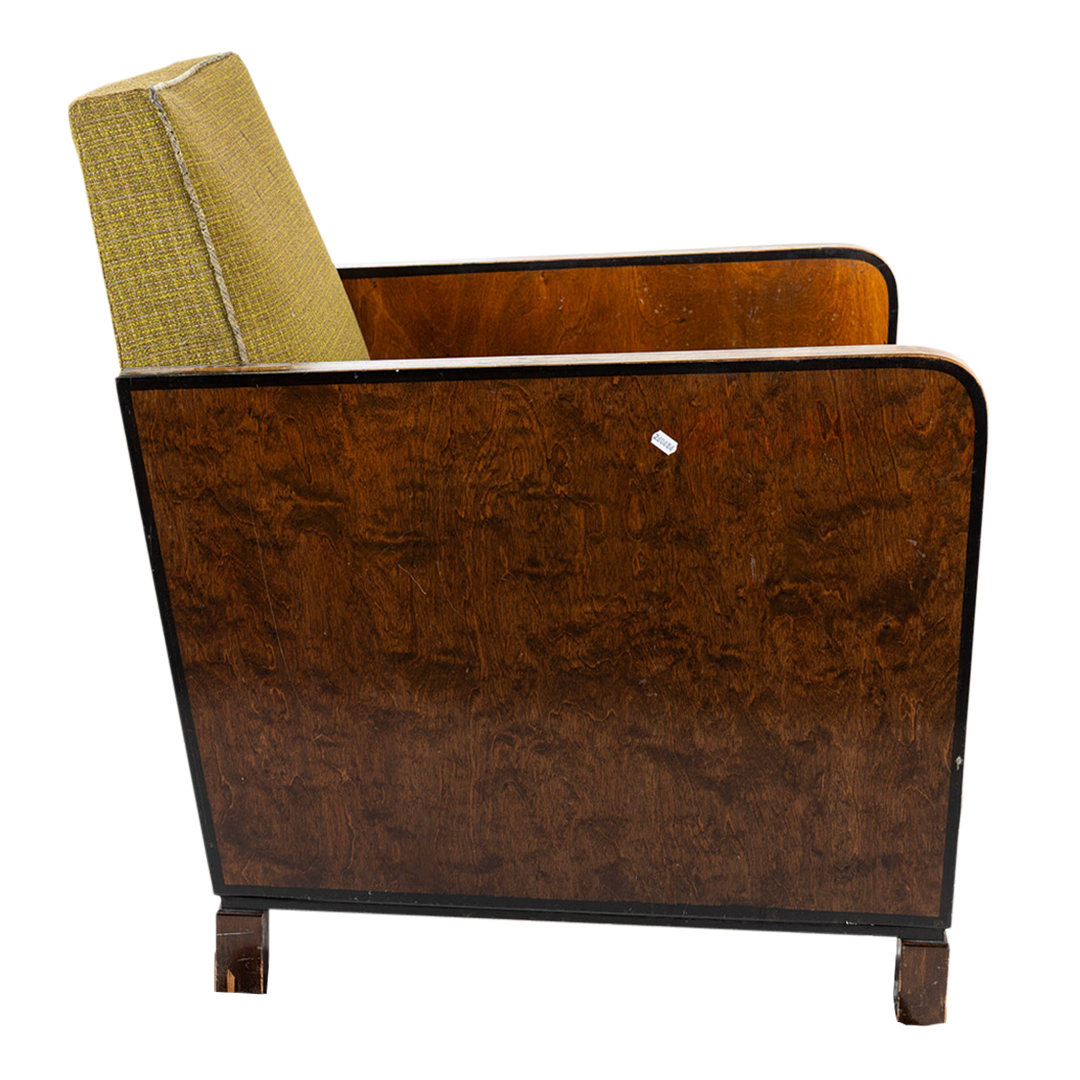 1940s European : pair post Art Deco functionalist armchairs in burl walnut