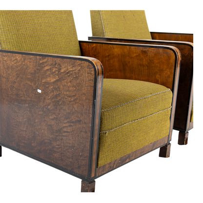1940s European : pair post Art Deco functionalist armchairs in burl walnut