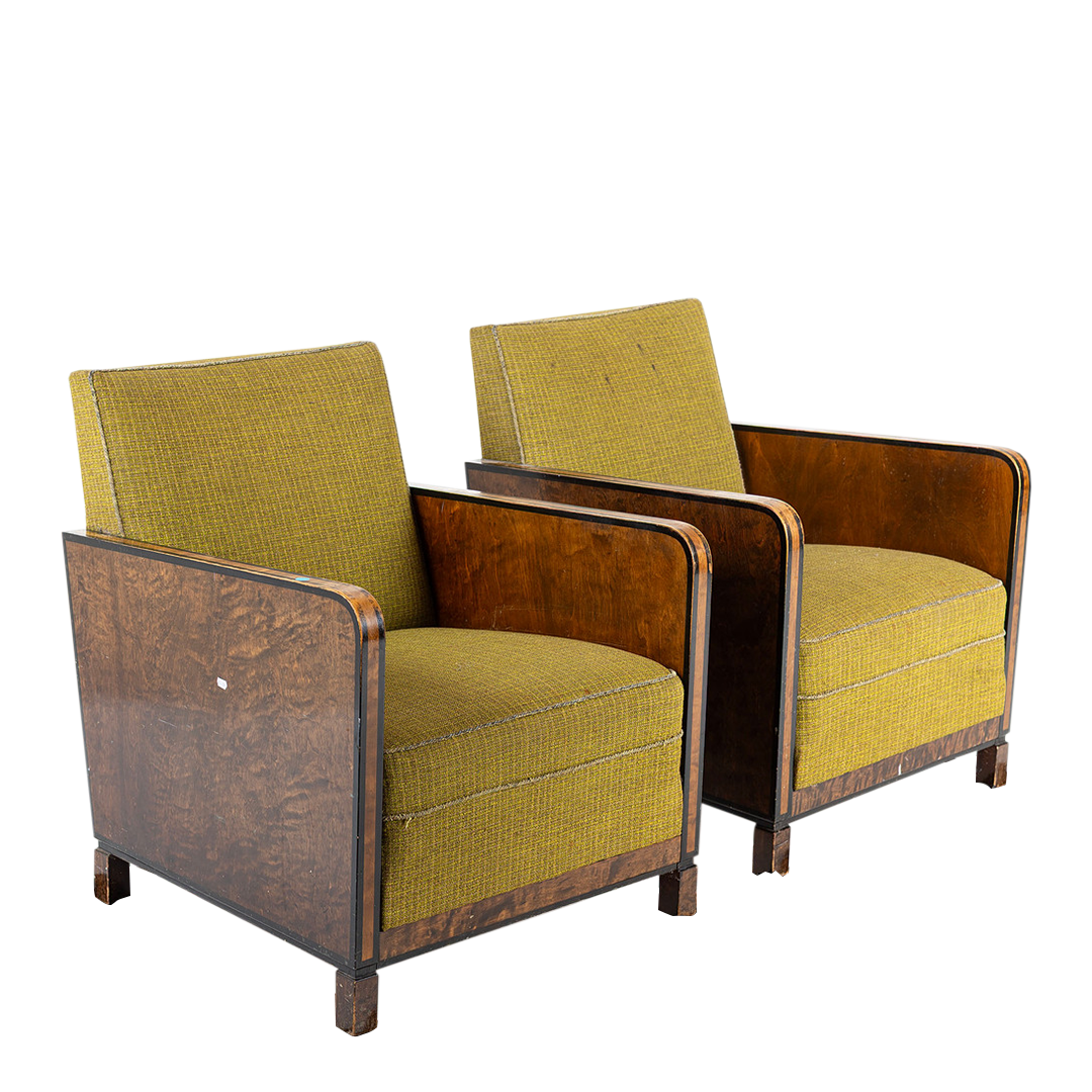 1940s European : pair post Art Deco functionalist armchairs in burl walnut