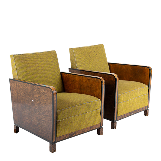 1940s European : pair post Art Deco functionalist armchairs in burl walnut