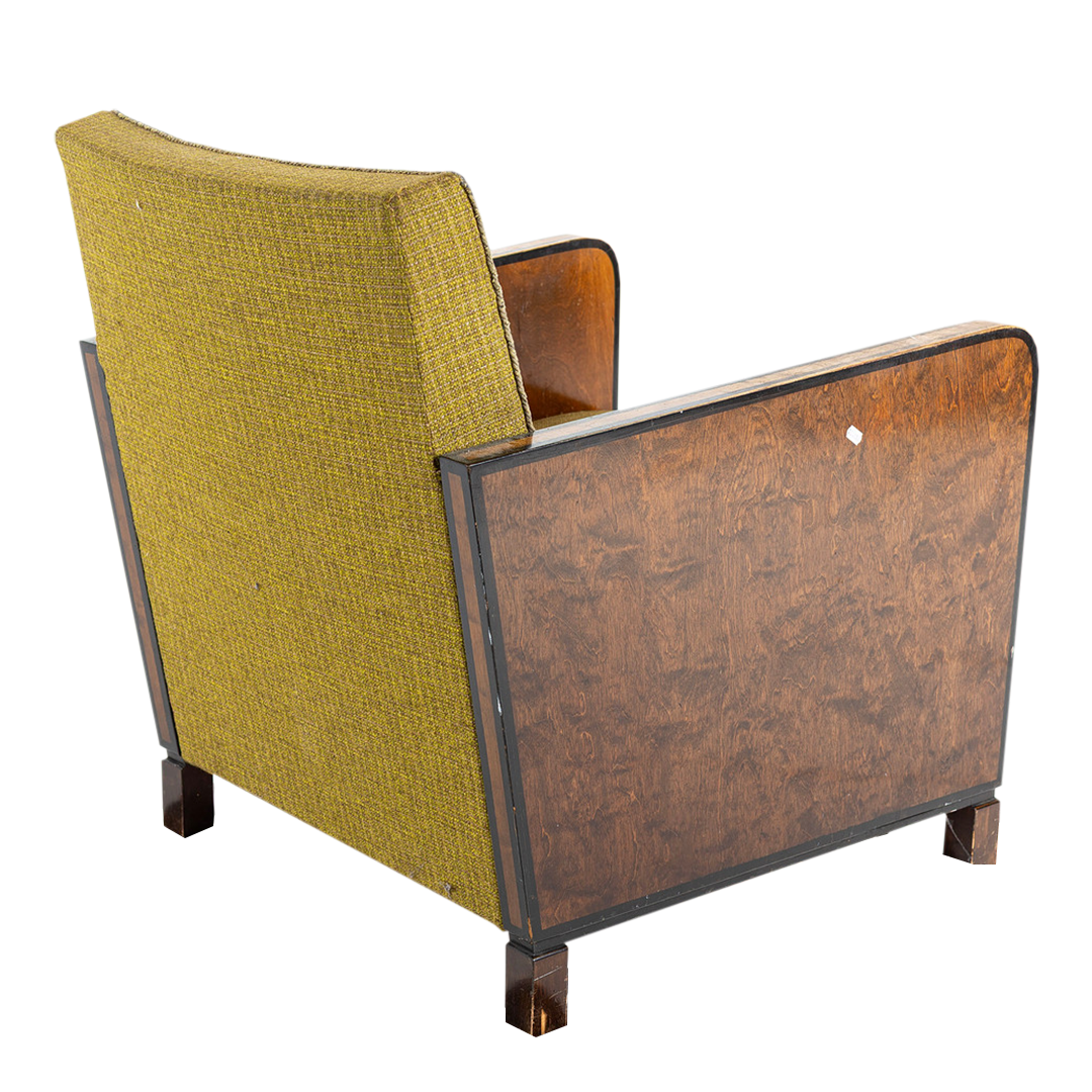 1940s European : pair post Art Deco functionalist armchairs in burl walnut