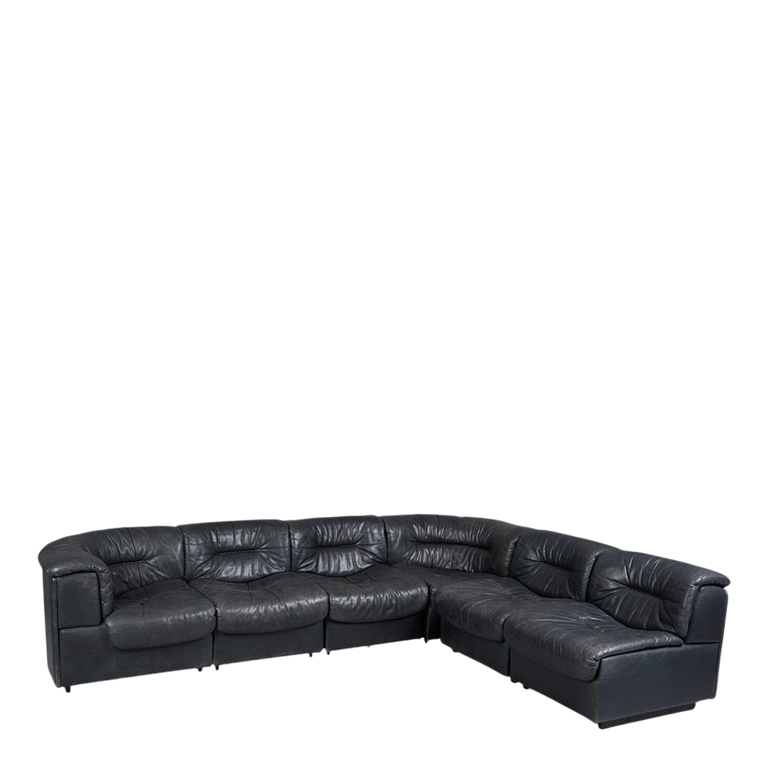 1970s de Sede : Model DS 14 blue aniline leather 6-section sofa