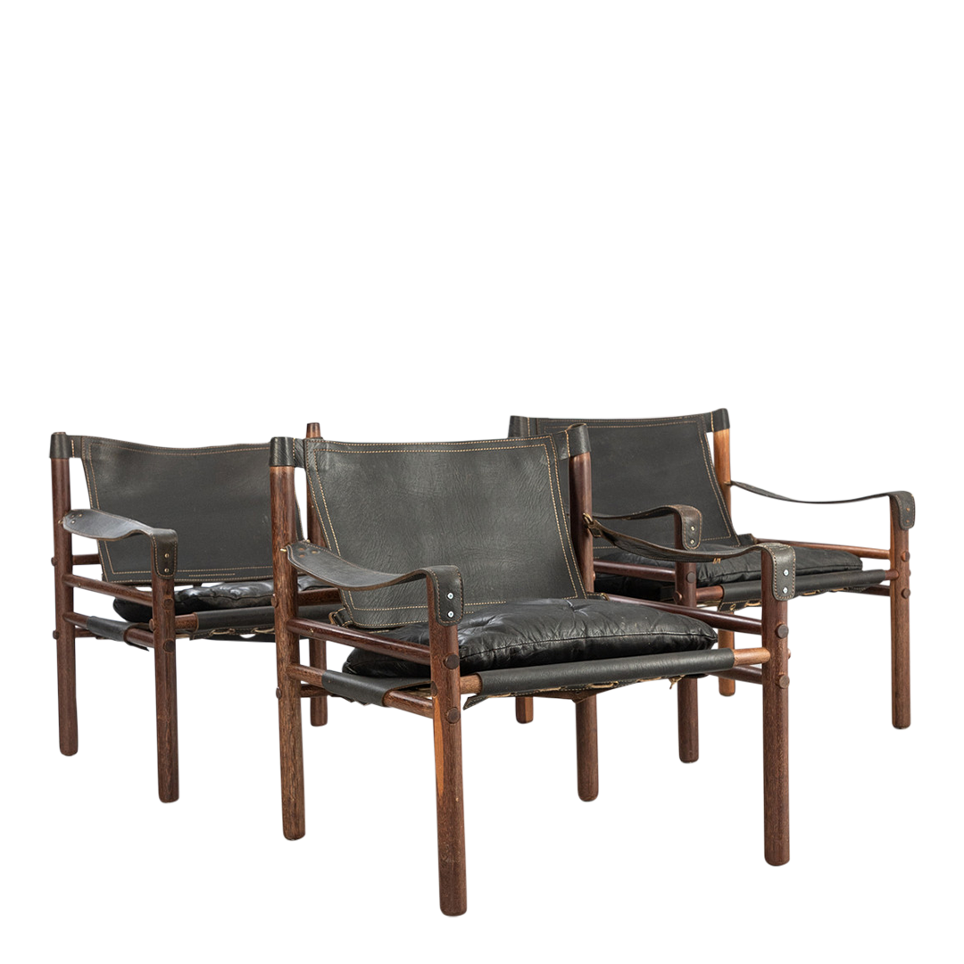 1964 Arne Norell : black leather "Sirocco" safari chair in Afrimosia