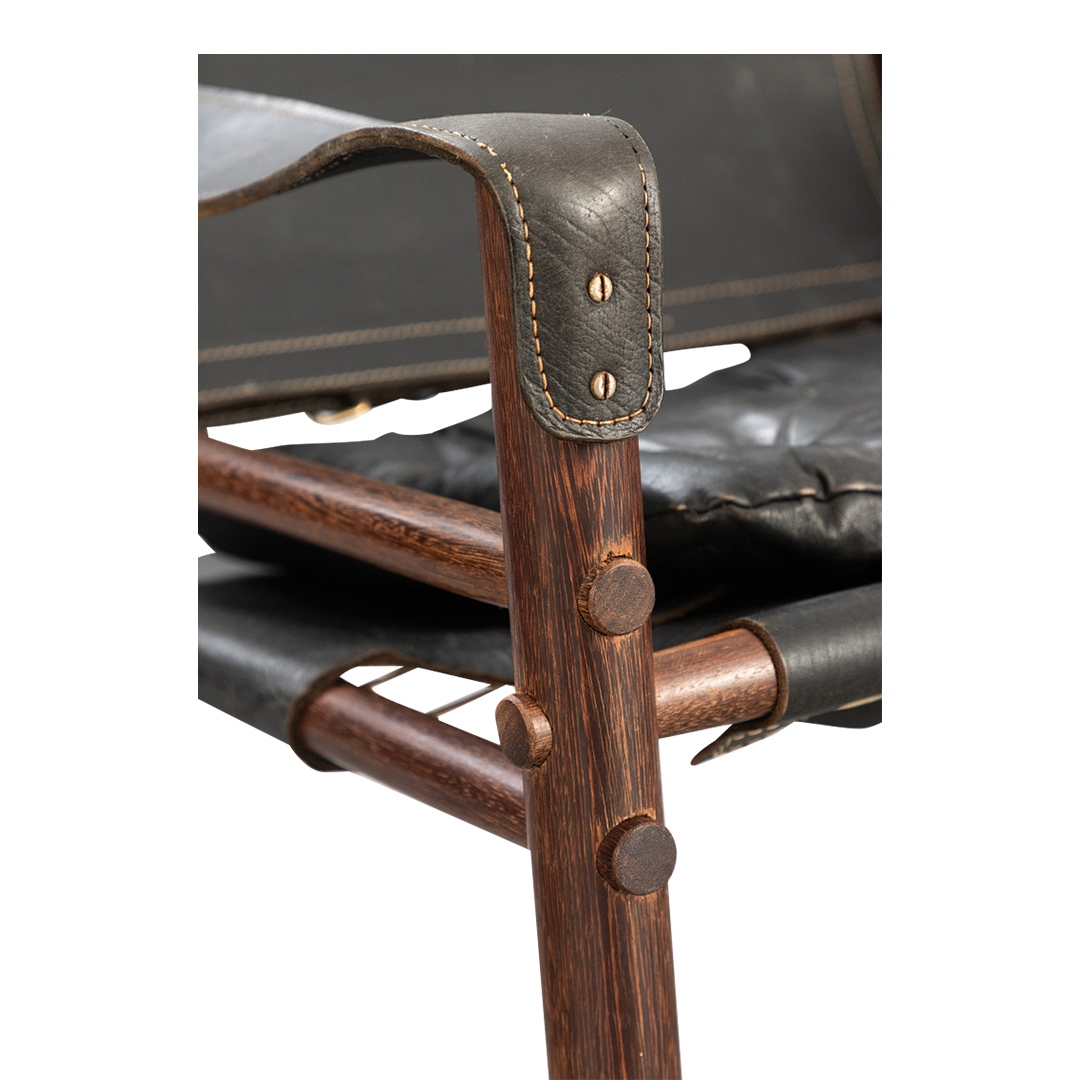 1964 Arne Norell : black leather "Sirocco" safari chair in Afrimosia