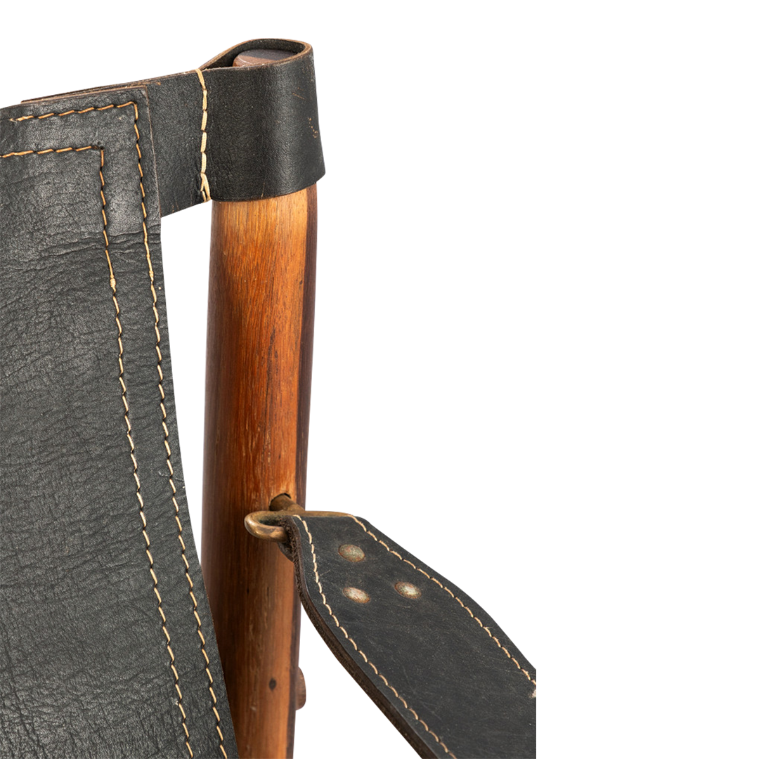 1964 Arne Norell : black leather "Sirocco" safari chair in Afrimosia