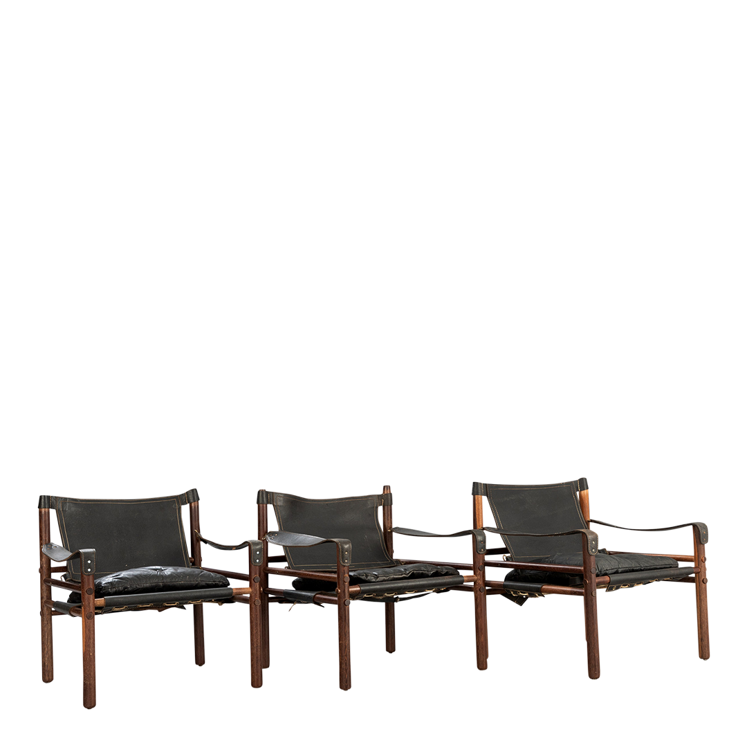1964 Arne Norell : black leather "Sirocco" safari chair in Afrimosia