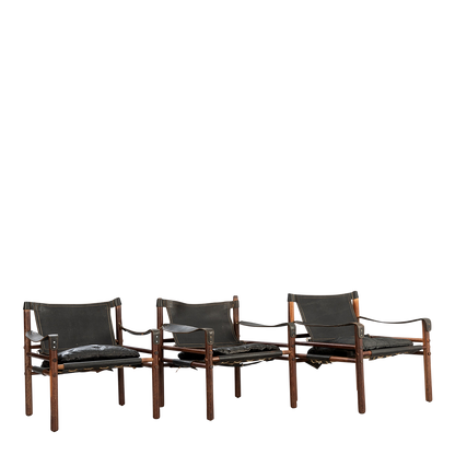1964 Arne Norell : black leather "Sirocco" safari chair in Afrimosia