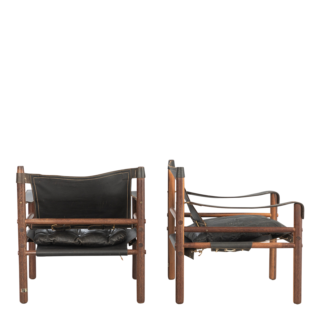 1964 Arne Norell : black leather "Sirocco" safari chair in Afrimosia