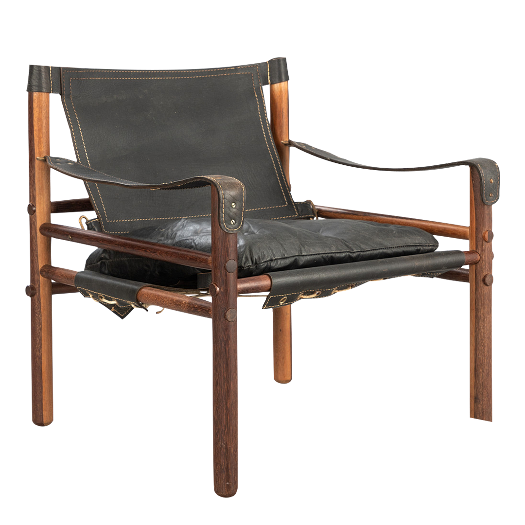 1964 Arne Norell : black leather "Sirocco" safari chair in Afrimosia