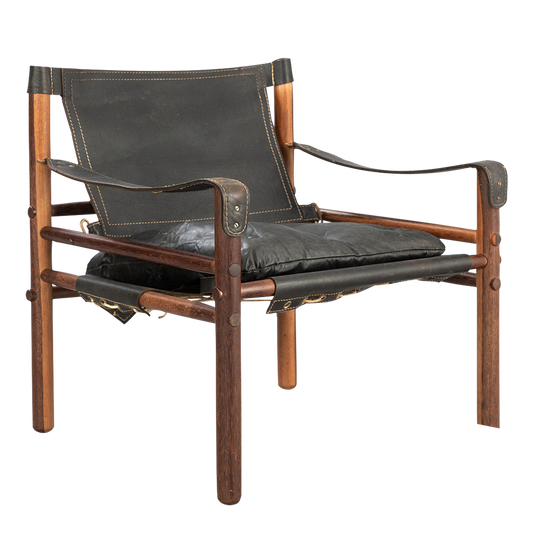 1964 Arne Norell : black leather "Sirocco" safari chair in Afrimosia