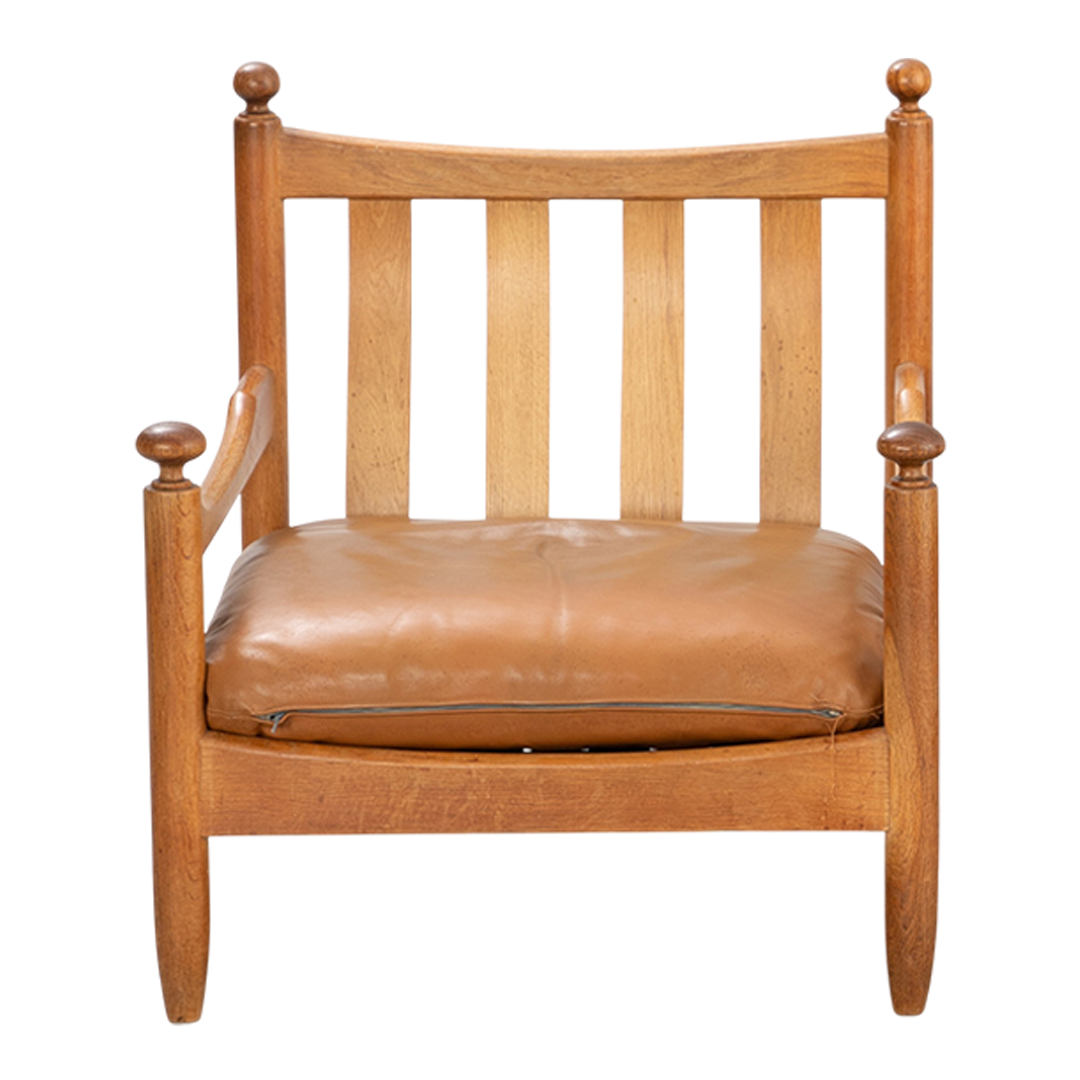 1970s German : solid oakwood and cognac leather lounge chair