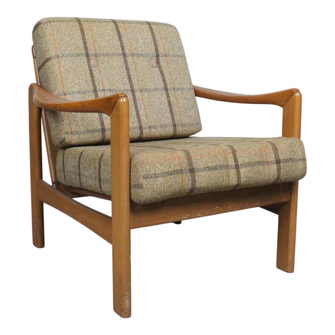 1970s Danish : solid oakwood and tweed plaid armchair