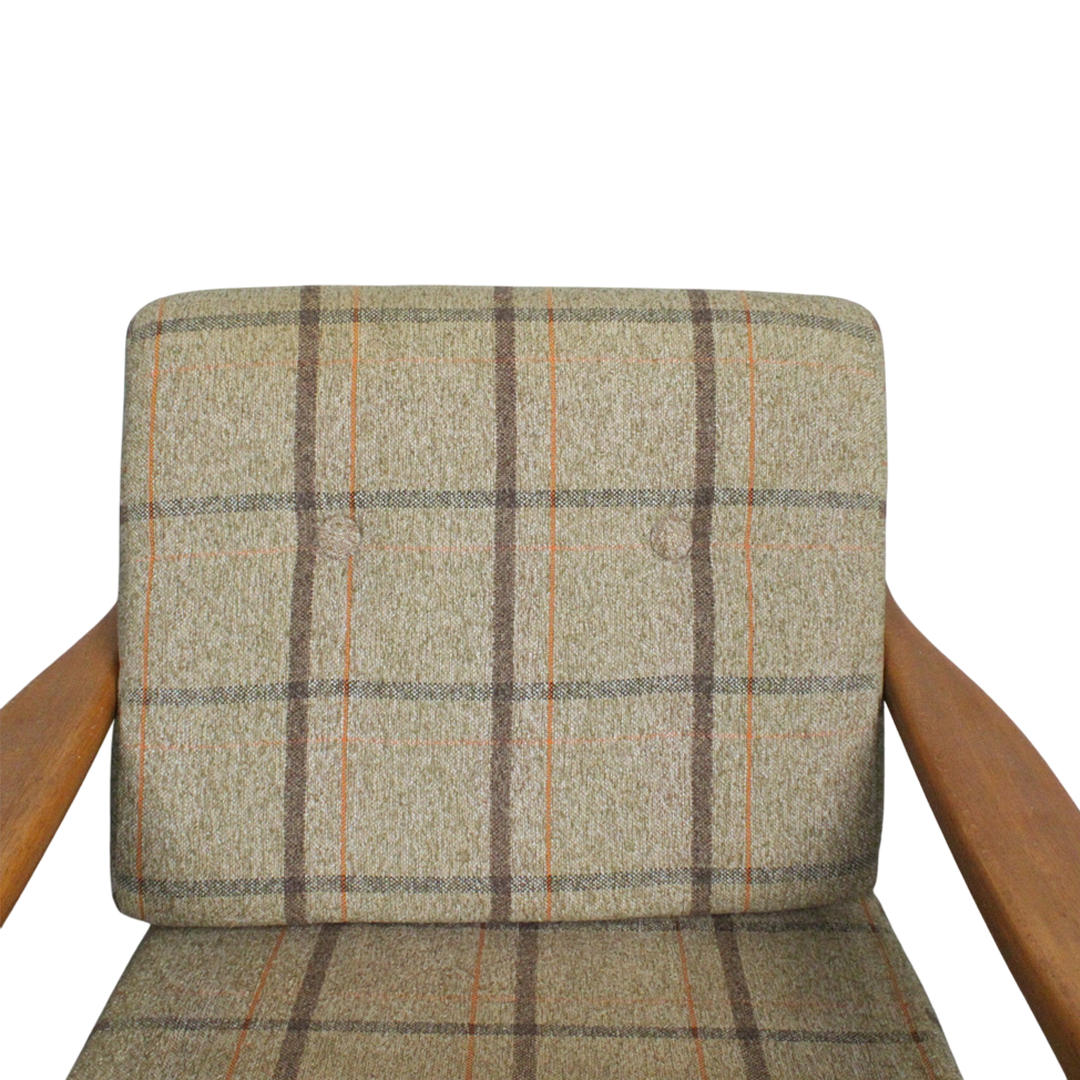 1970s Danish : solid oakwood and tweed plaid armchair