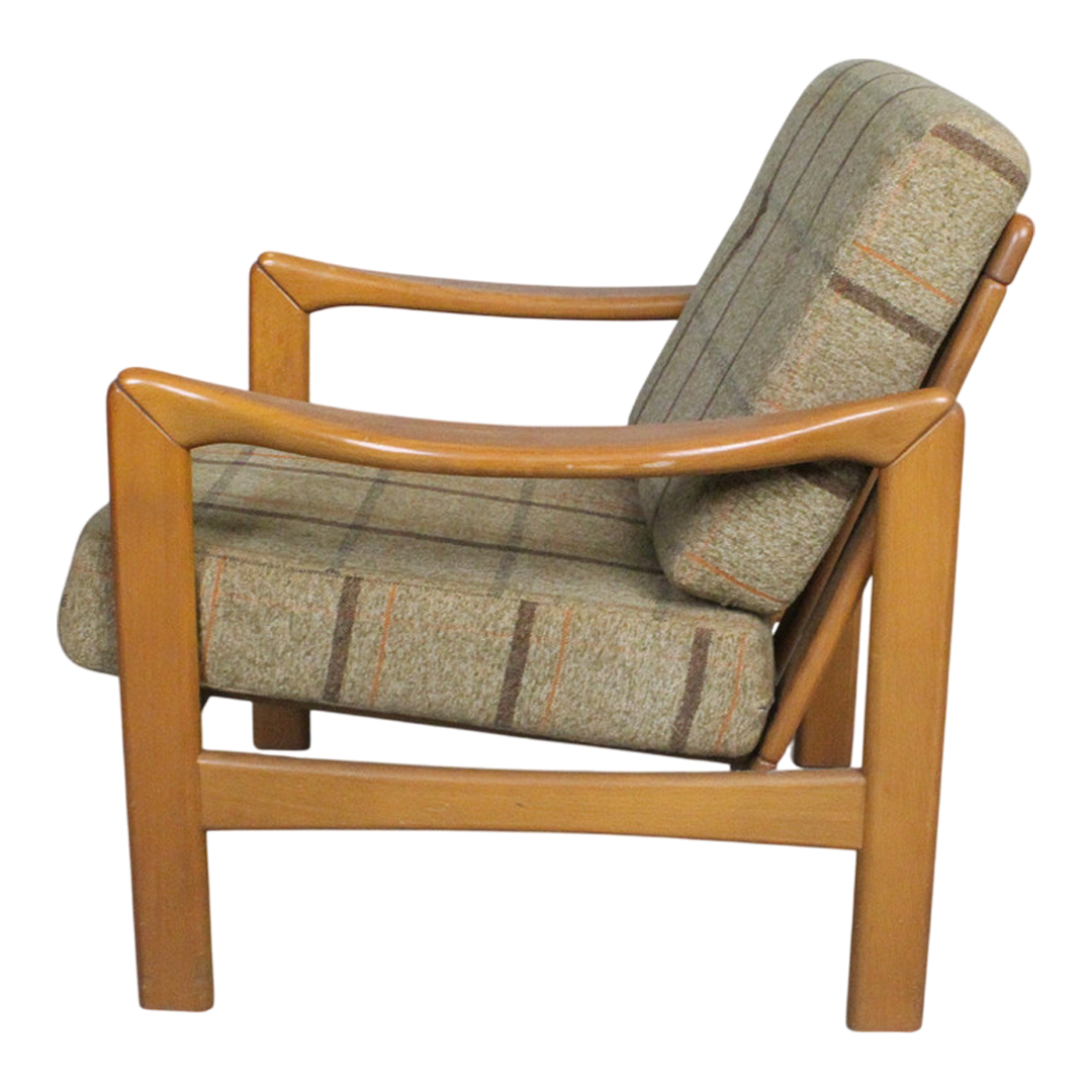 1970s Danish : solid oakwood and tweed plaid armchair