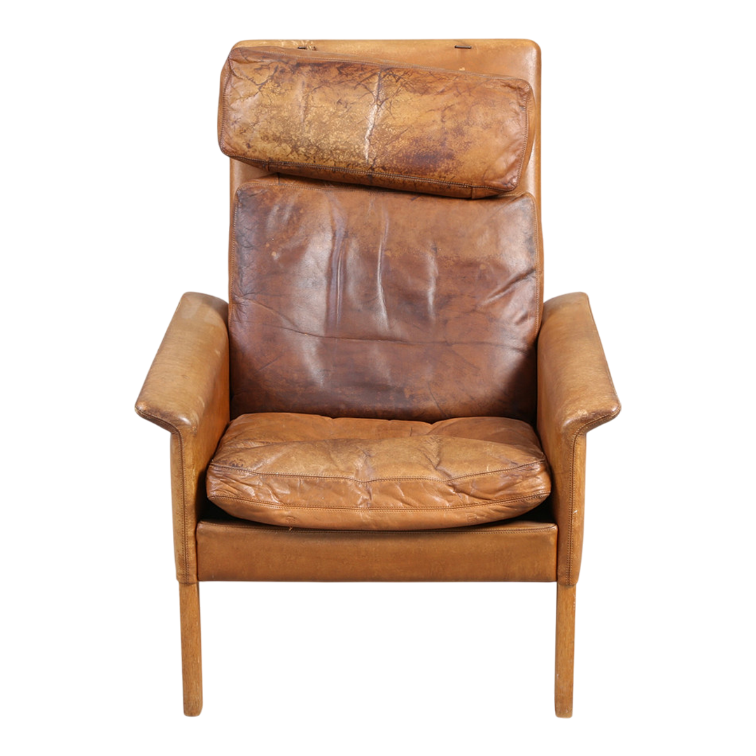 1960s Hans Olsen : tallback cognac leather armchair, CS Møbler