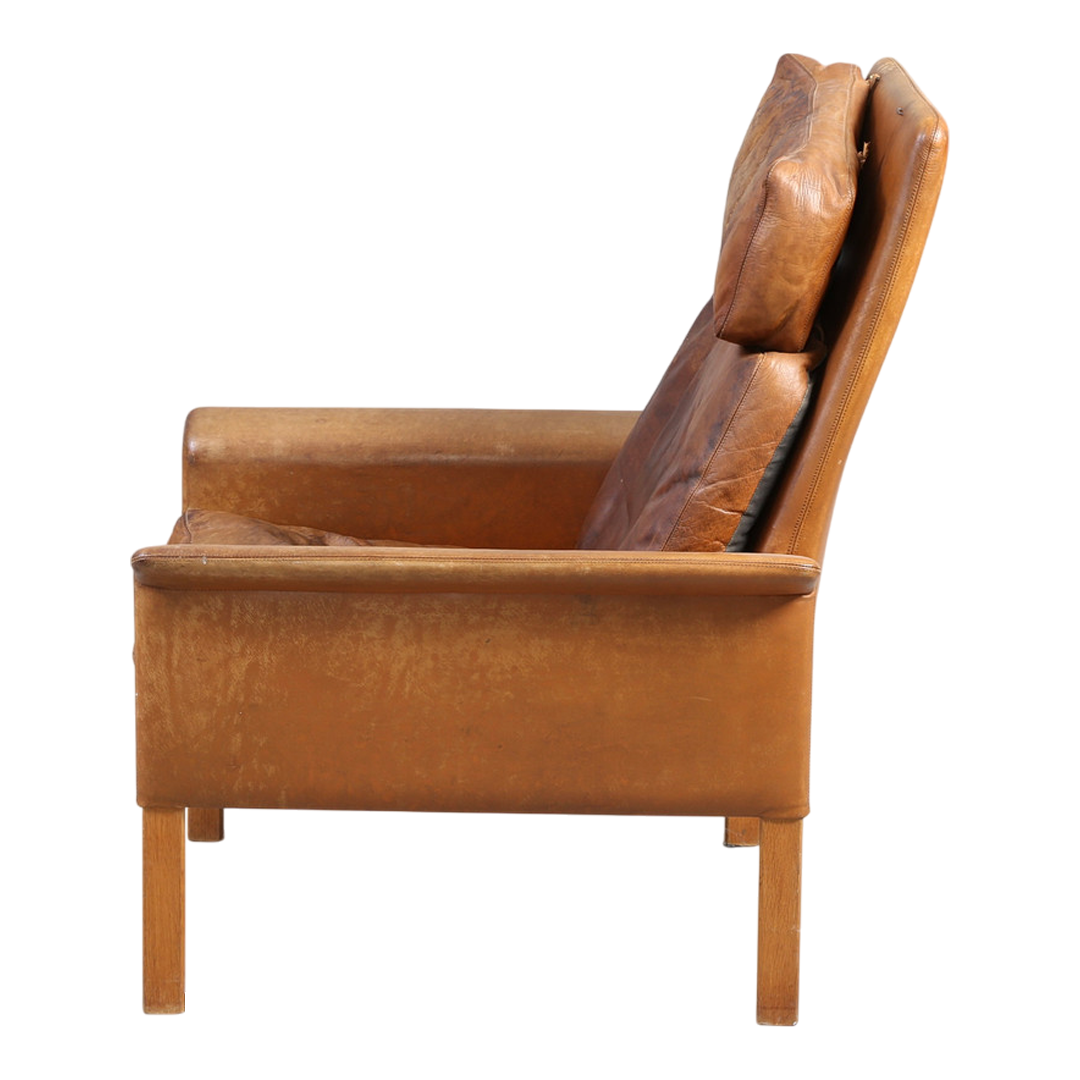 1960s Hans Olsen : tallback cognac leather armchair, CS Møbler