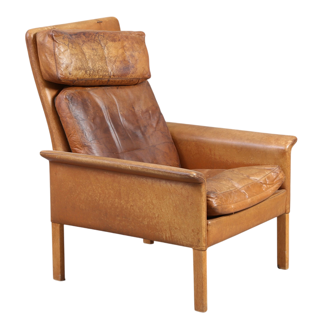 1960s Hans Olsen : tallback cognac leather armchair, CS Møbler