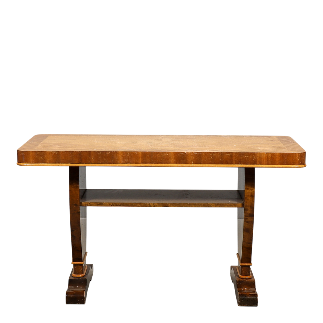 1930s Continental : birchwood lyre-form side table, applied decor