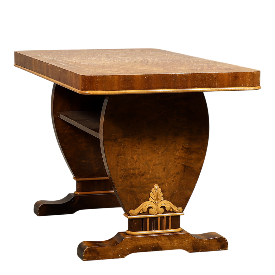 1930s Continental : birchwood lyre-form side table, applied decor