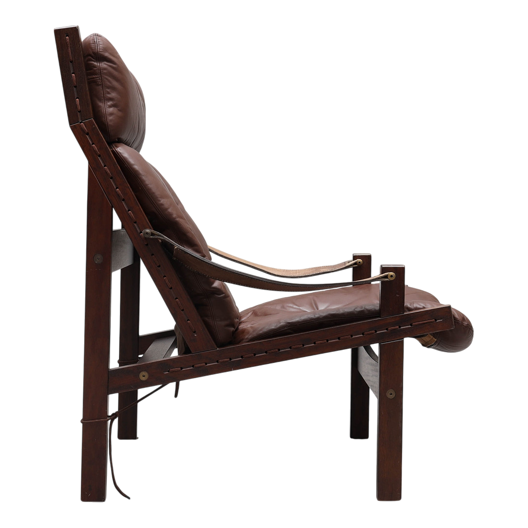 1970s Torbjørn Afdal : brown leather "Hunter" lounge chair + ottoman