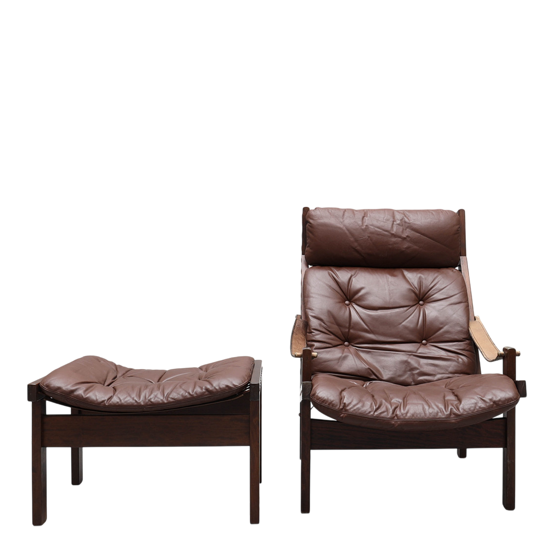 1970s Torbjørn Afdal : brown leather "Hunter" lounge chair + ottoman