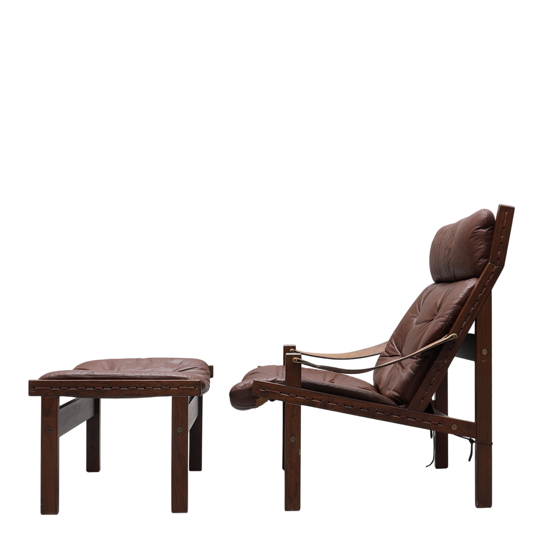 1970s Torbjørn Afdal : brown leather "Hunter" lounge chair + ottoman