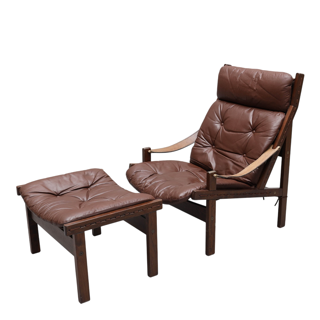 1970s Torbjørn Afdal : brown leather "Hunter" lounge chair + ottoman