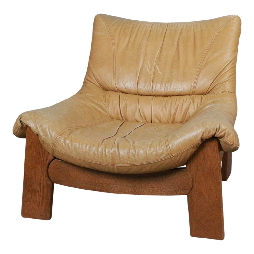 1960s Maison Regain : oak & leather Provençal brutalist lounge chair