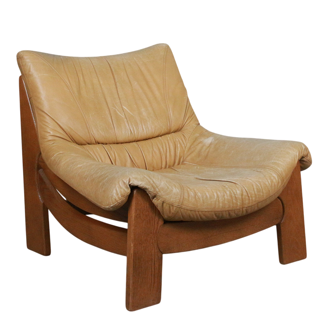 1960s Maison Regain : oak & leather Provençal brutalist lounge chair