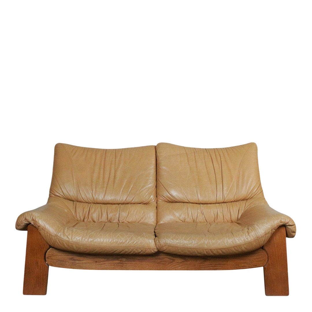 1960s Maison Regain : oak & leather Provençal brutalist 2-seat sofa