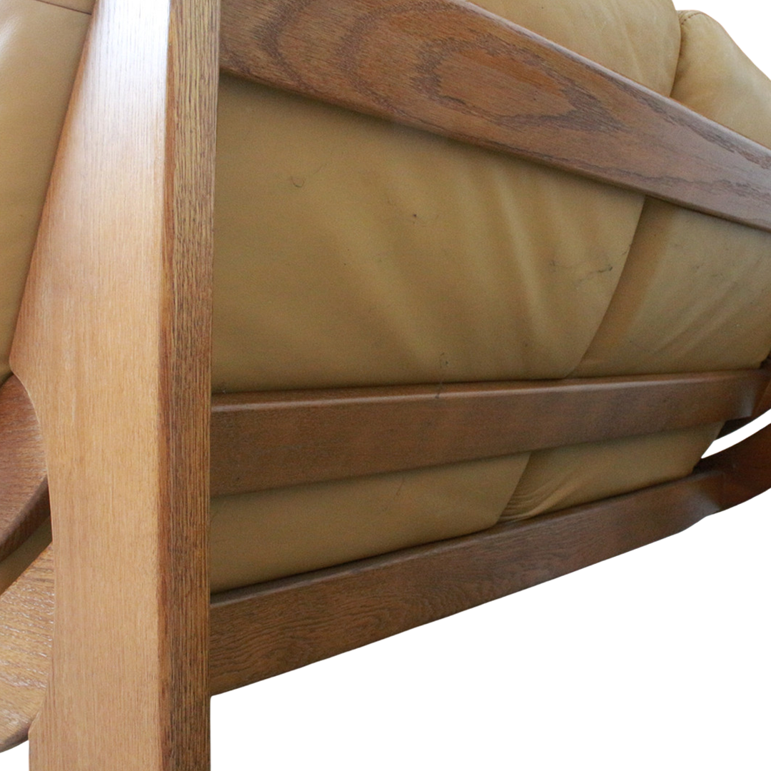 1960s Maison Regain : oak & leather Provençal brutalist 2-seat sofa