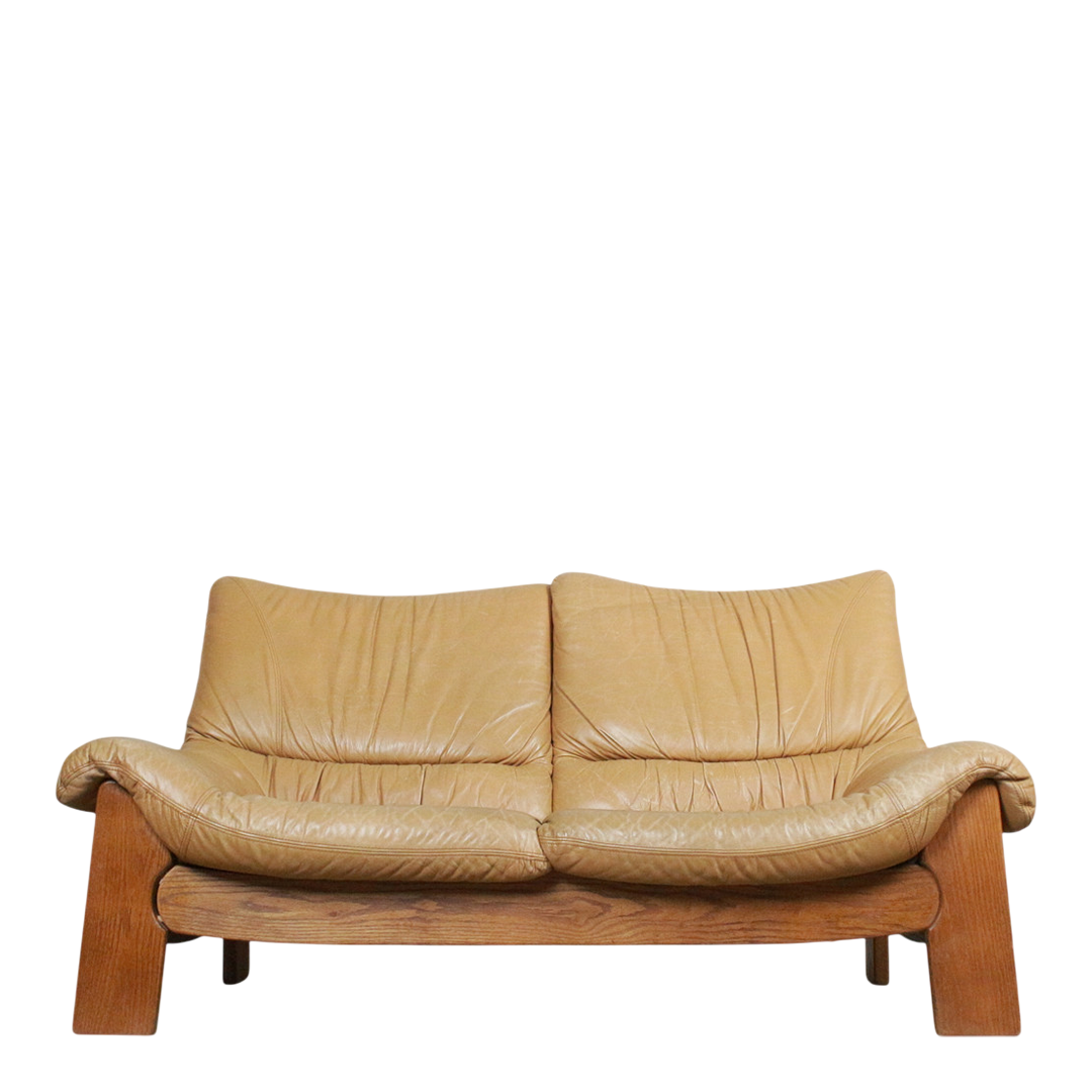 1960s Maison Regain : oak & leather Provençal brutalist 2-seat sofa