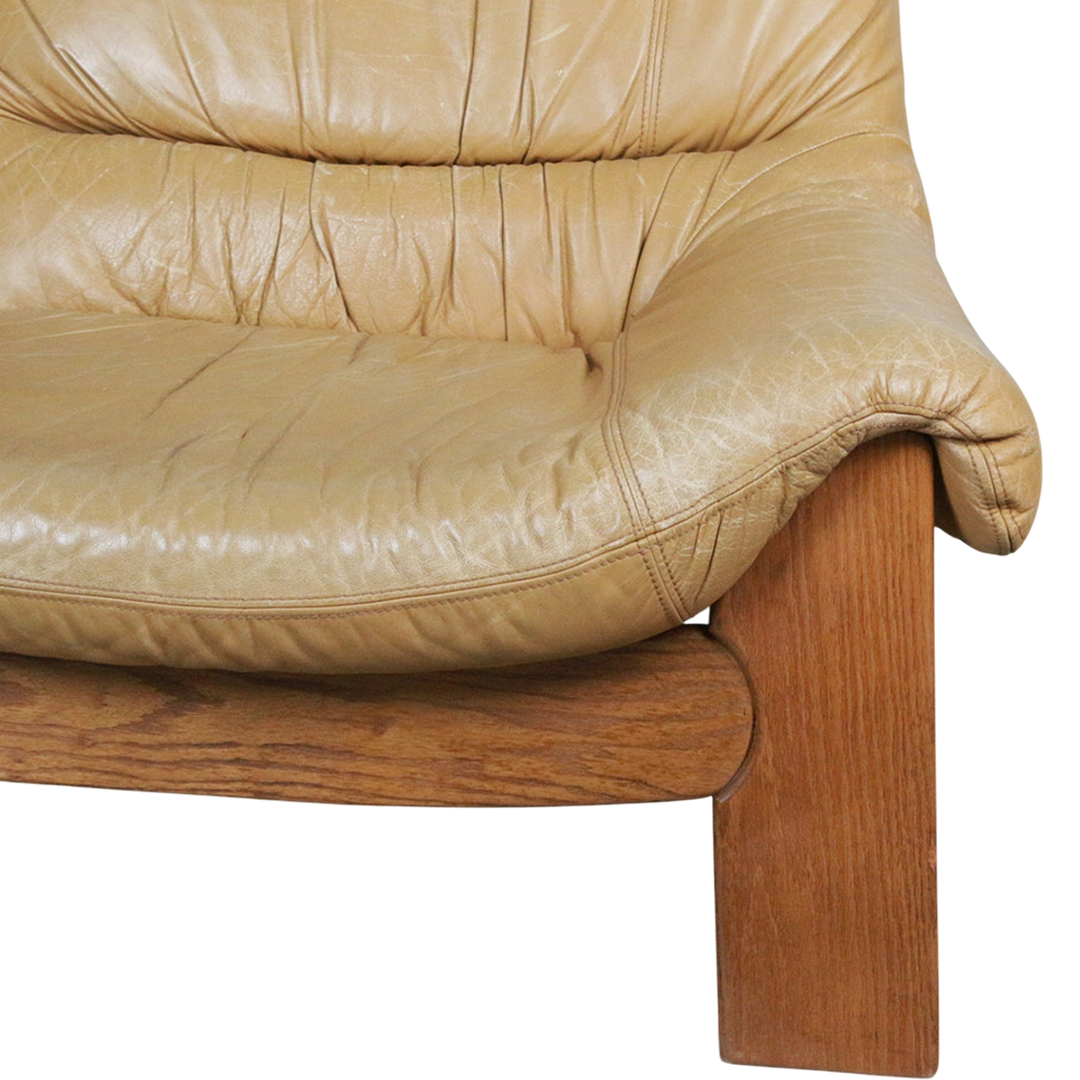 1960s Maison Regain : oak & leather Provençal brutalist 2-seat sofa