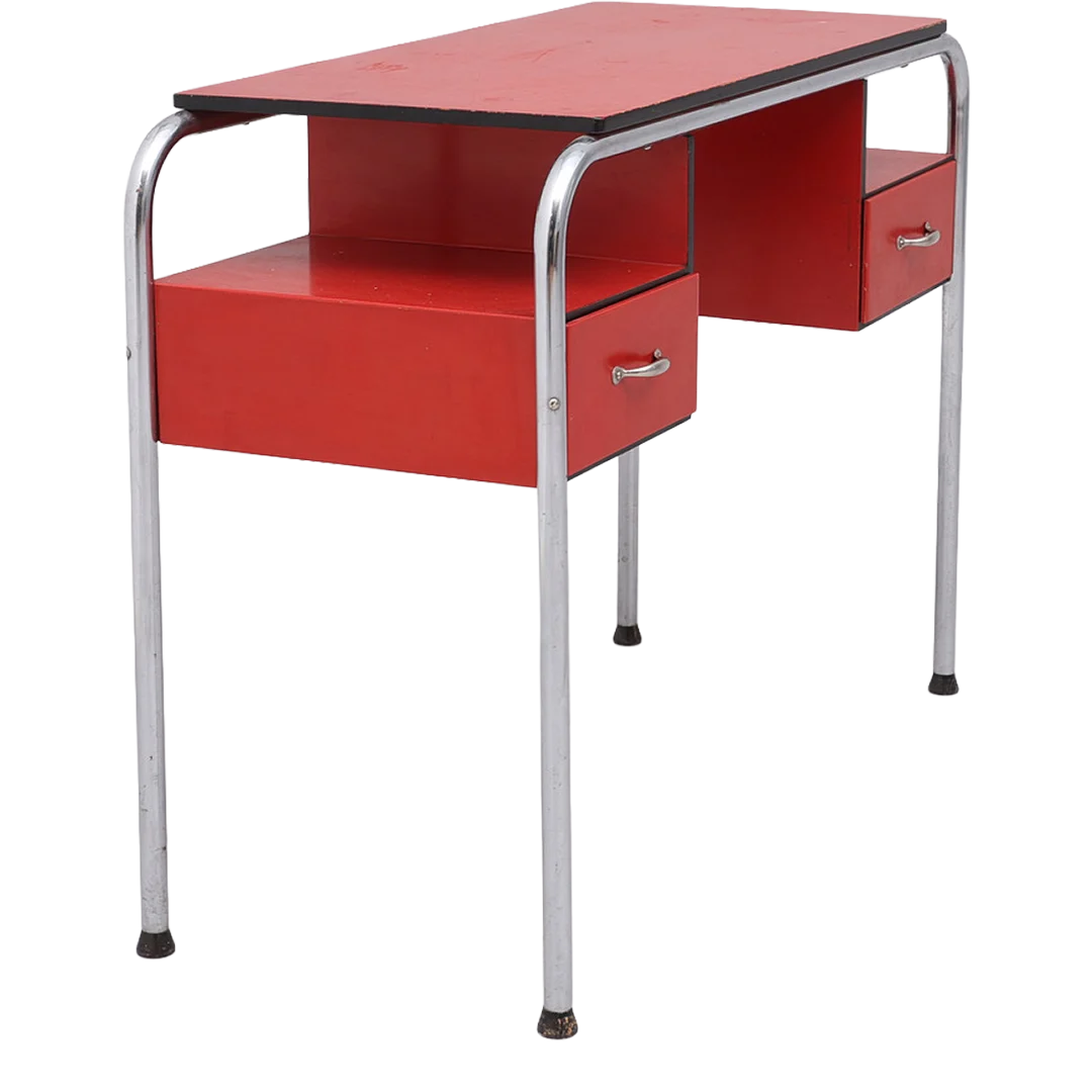 1930s Bauhaus : red painted dressing table in chrome w/mirror