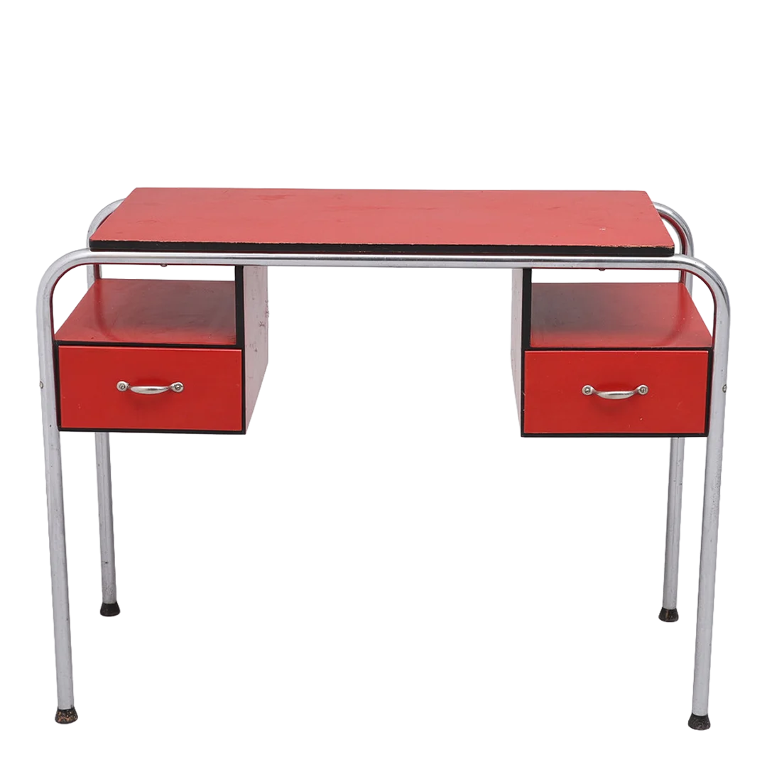 1930s Bauhaus : red painted dressing table in chrome w/mirror