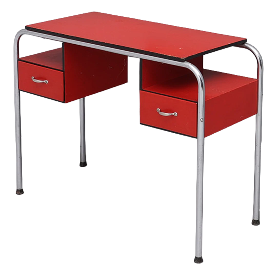 1930s Bauhaus : red painted dressing table in chrome w/mirror