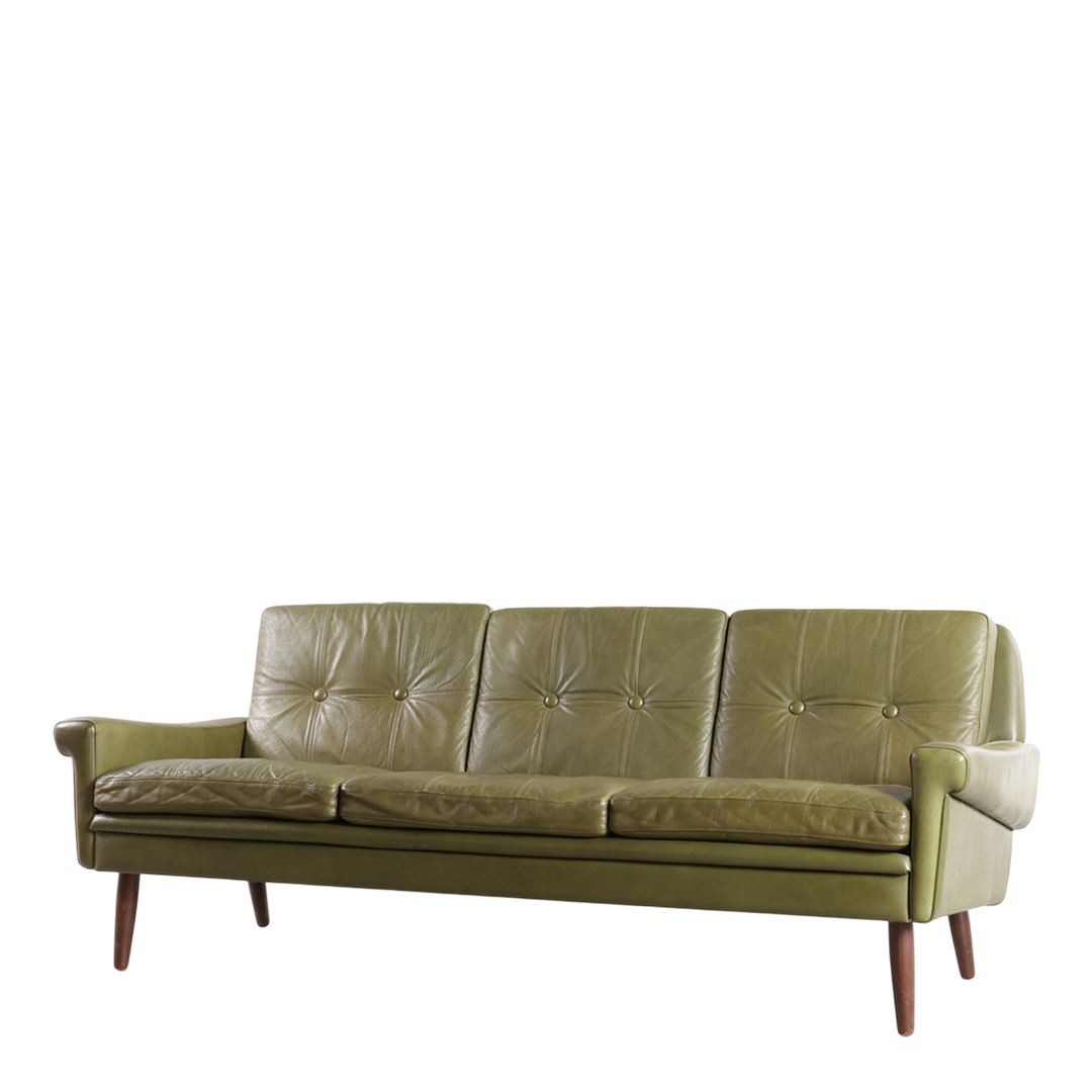 1960s Svend Skipper : 3-seat avocado green leather sofa, Denmark