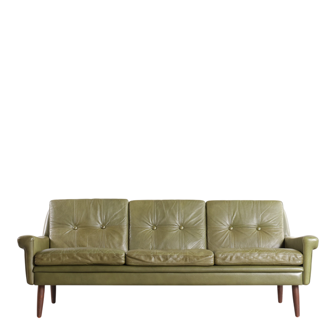 1960s Svend Skipper : 3-seat avocado green leather sofa, Denmark