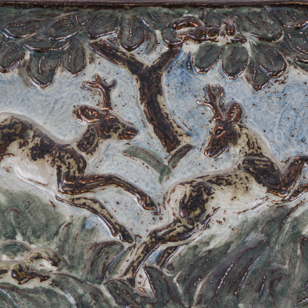 Late 1930s Knud Kyhn : "Sung" glazed ceramic relief w/deer for Royal Copenhagen